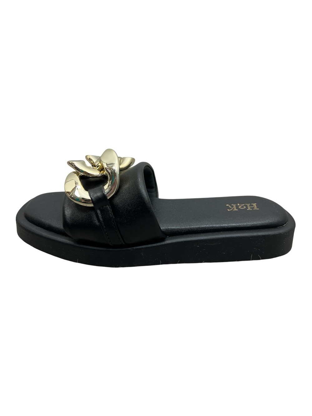 Black faux leather chunky gold tone chain detail slip on slides flat sandals 9
